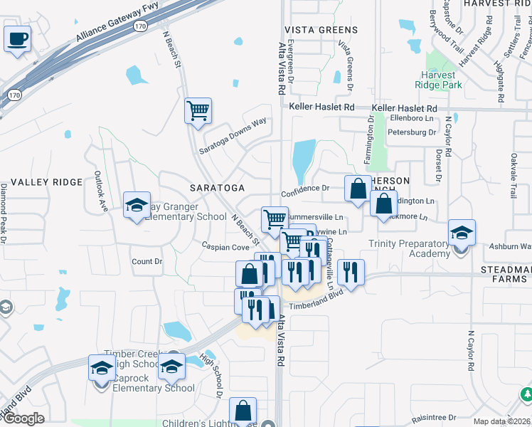 map of restaurants, bars, coffee shops, grocery stores, and more near 12709 Homestretch Drive in Fort Worth