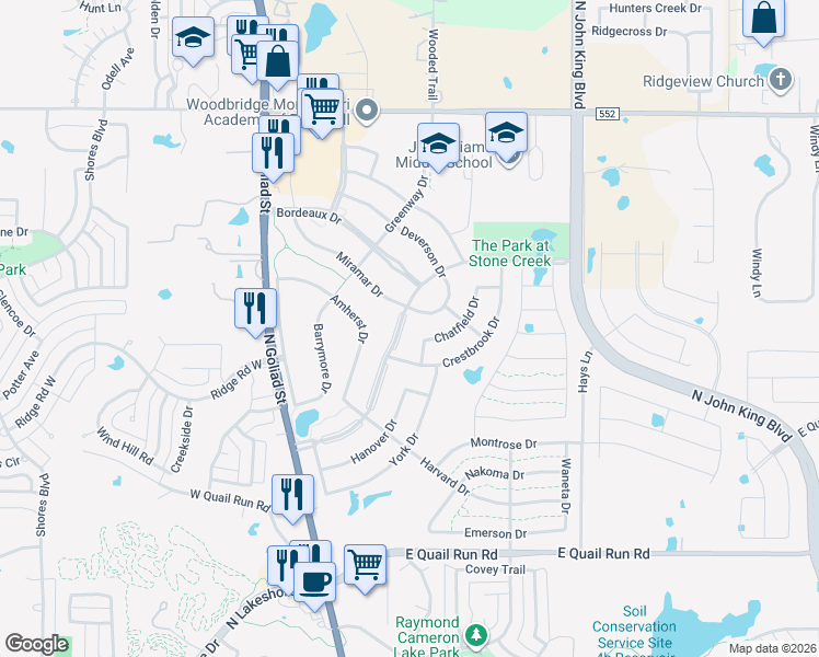 map of restaurants, bars, coffee shops, grocery stores, and more near 567 Featherstone Drive in Rockwall