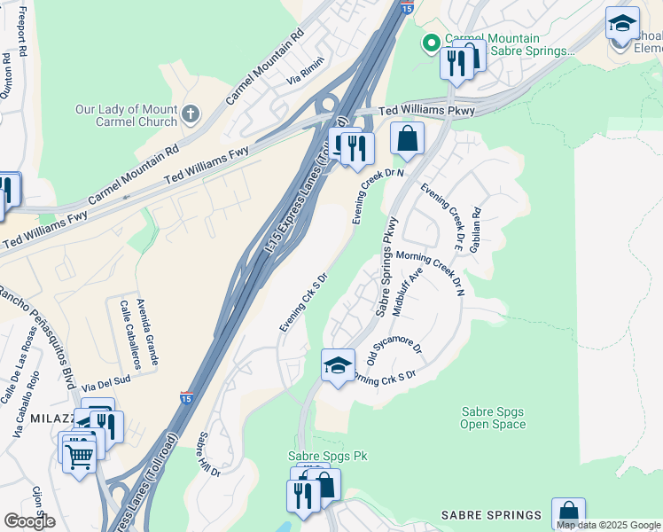 map of restaurants, bars, coffee shops, grocery stores, and more near 13490 Evening Creek Drive North in San Diego