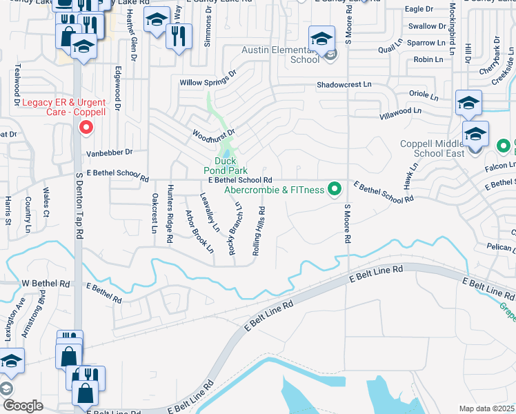 map of restaurants, bars, coffee shops, grocery stores, and more near 541 Rolling Hills Road in Coppell