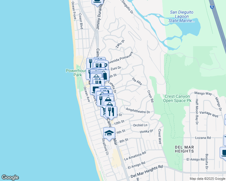 map of restaurants, bars, coffee shops, grocery stores, and more near 386 13th Street in Del Mar