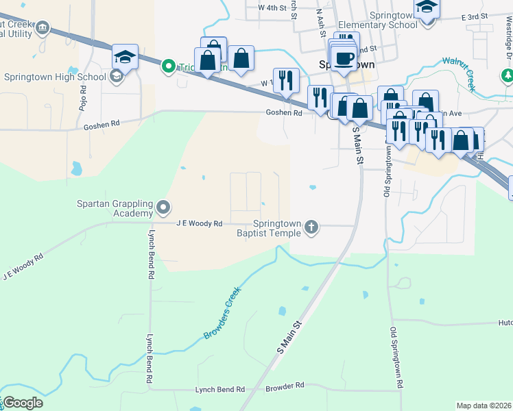 map of restaurants, bars, coffee shops, grocery stores, and more near 120 West J E Woody Road in Springtown