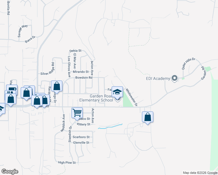 map of restaurants, bars, coffee shops, grocery stores, and more near 14610 Fairburn Street in Poway