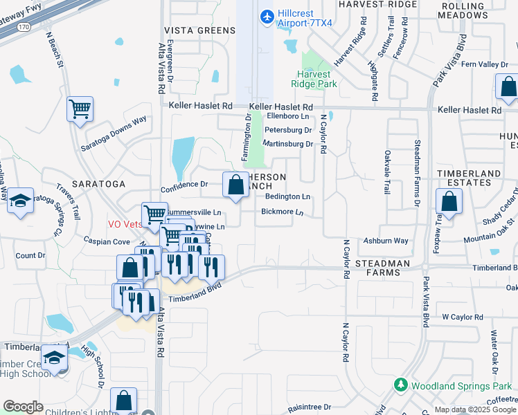 map of restaurants, bars, coffee shops, grocery stores, and more near 4000 Bickmore Lane in Fort Worth