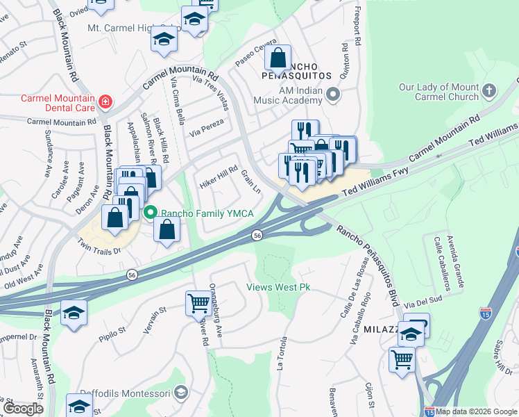 map of restaurants, bars, coffee shops, grocery stores, and more near 9559 High Park Lane in San Diego