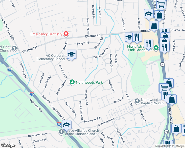 map of restaurants, bars, coffee shops, grocery stores, and more near 8392 Waltham Road in North Charleston