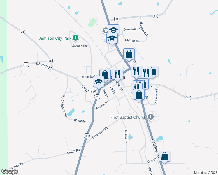 map of restaurants, bars, coffee shops, grocery stores, and more near 101-199 3rd St in Jemison