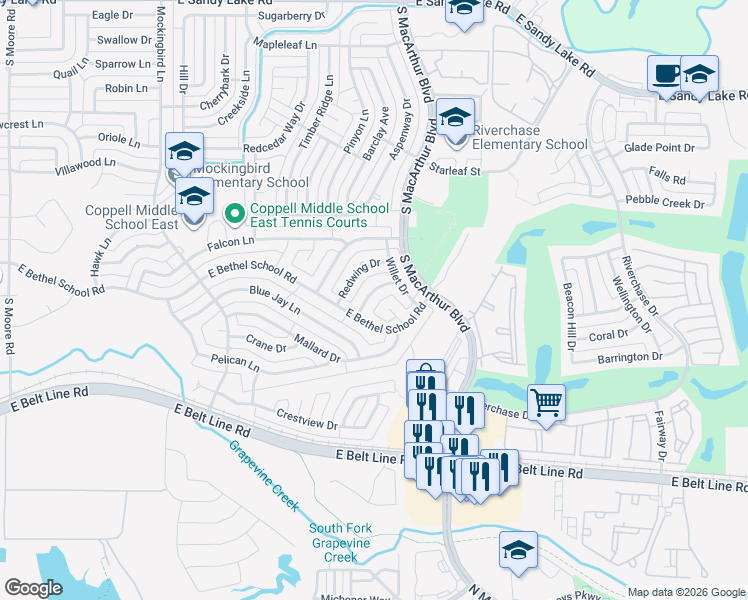 map of restaurants, bars, coffee shops, grocery stores, and more near 947 Hummingbird Drive in Coppell