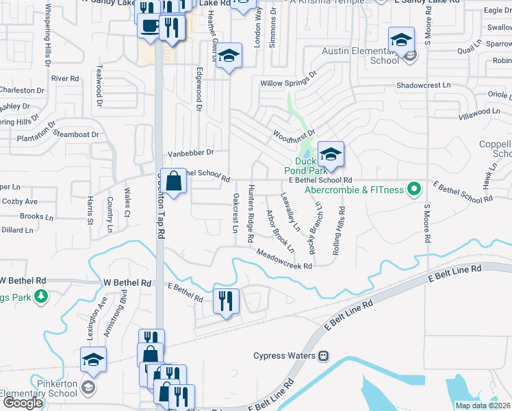 map of restaurants, bars, coffee shops, grocery stores, and more near 525 Arbor Brook Lane in Coppell