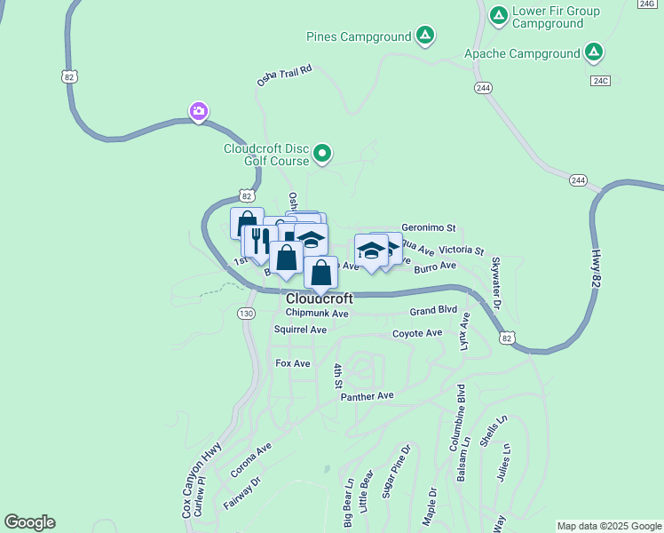 map of restaurants, bars, coffee shops, grocery stores, and more near 109 James Canyon Highway in Cloudcroft