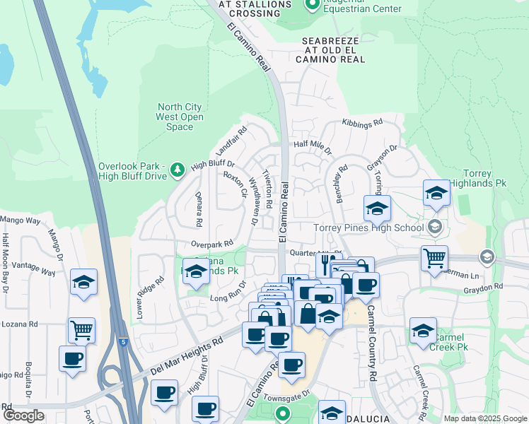 map of restaurants, bars, coffee shops, grocery stores, and more near 13323 Tiverton Road in San Diego