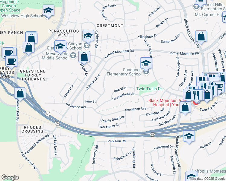 map of restaurants, bars, coffee shops, grocery stores, and more near 12762 Rife Way in San Diego