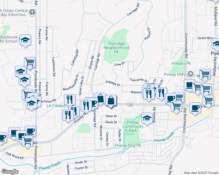 map of restaurants, bars, coffee shops, grocery stores, and more near 13306 Tawanka Drive in Poway