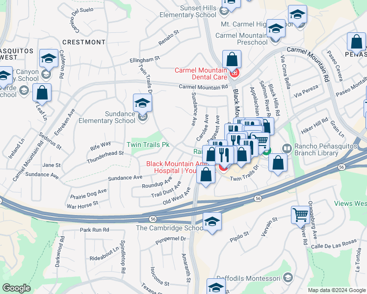 map of restaurants, bars, coffee shops, grocery stores, and more near 13155 Deron Avenue in San Diego