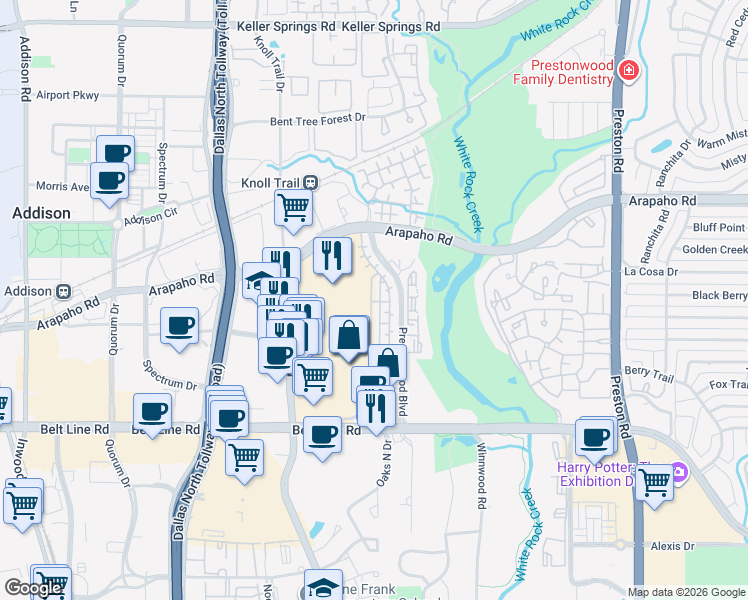 map of restaurants, bars, coffee shops, grocery stores, and more near 15200 Majorca Street in Dallas