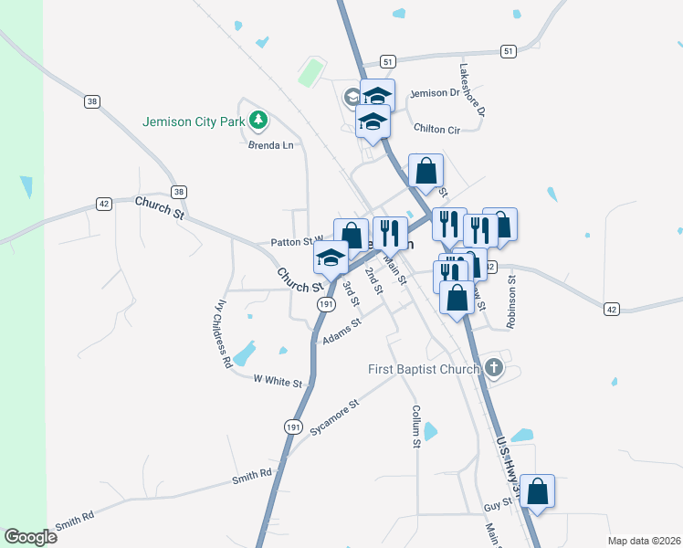 map of restaurants, bars, coffee shops, grocery stores, and more near 101 3rd Street in Jemison