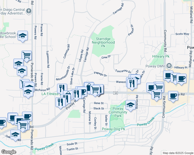 map of restaurants, bars, coffee shops, grocery stores, and more near 13306 Tawanka Drive in Poway