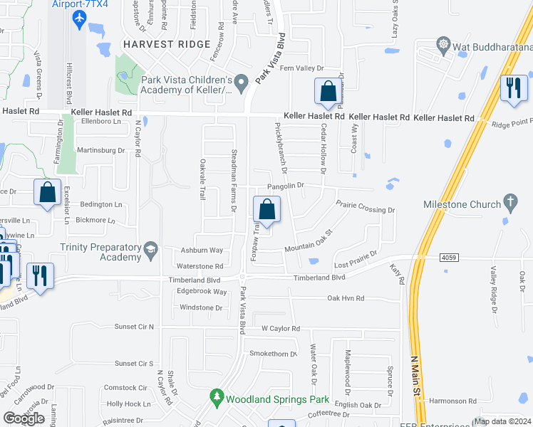 map of restaurants, bars, coffee shops, grocery stores, and more near 12661 Mourning Dove Lane in Fort Worth