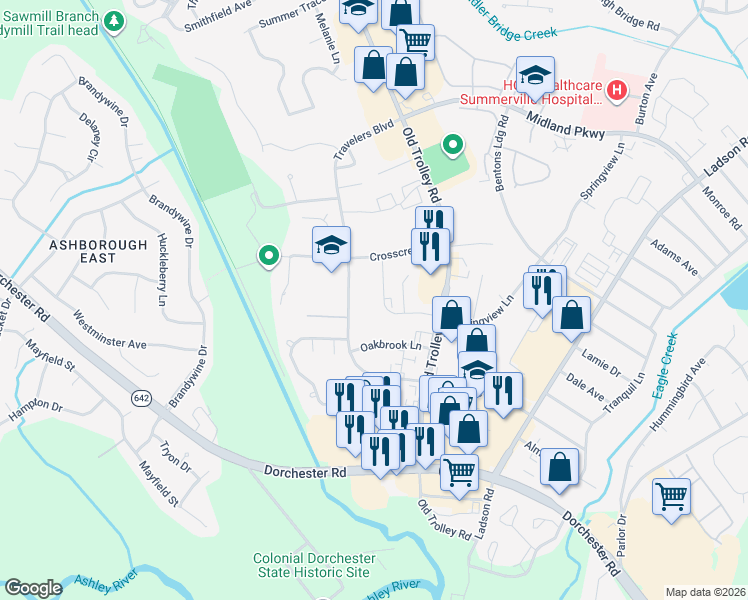 map of restaurants, bars, coffee shops, grocery stores, and more near 2 Springview Lane in Summerville