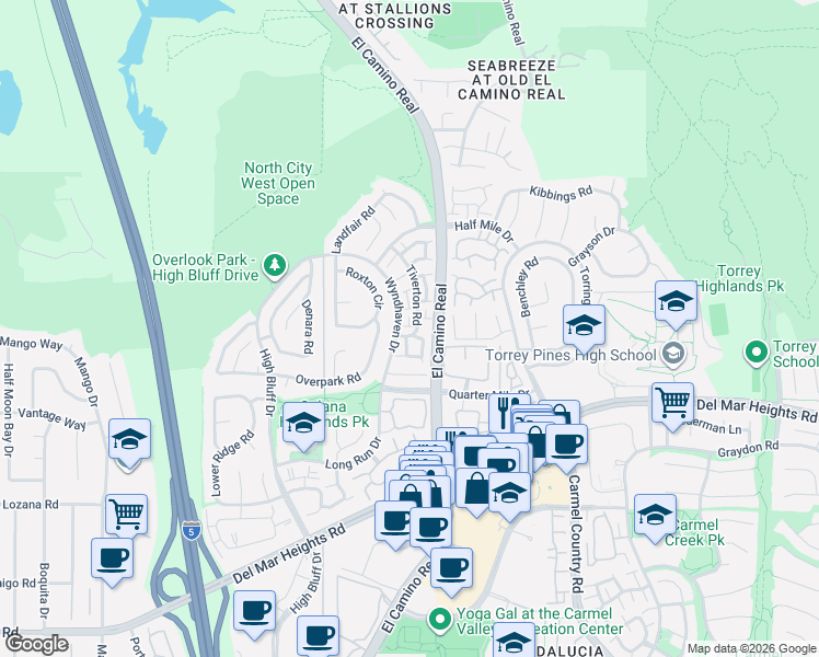 map of restaurants, bars, coffee shops, grocery stores, and more near 13254 Tiverton Road in San Diego