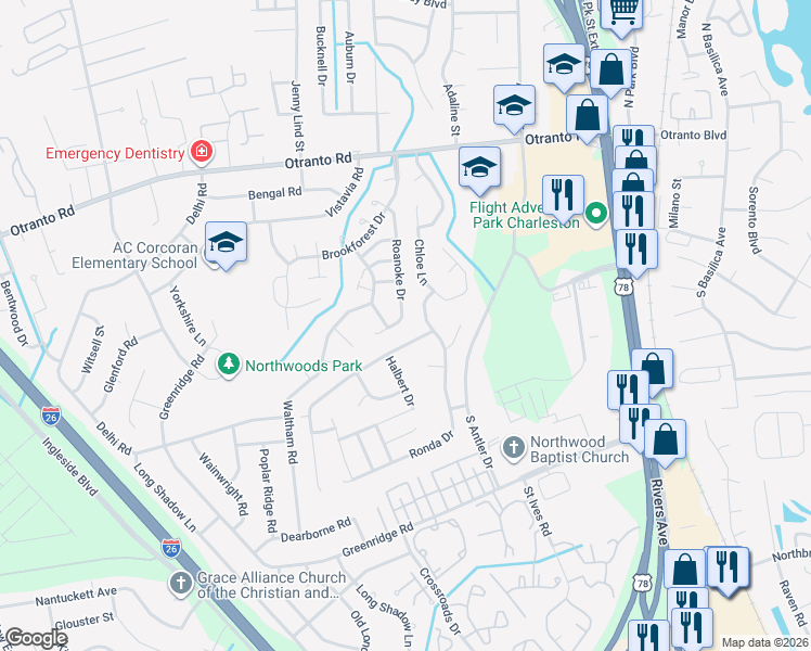 map of restaurants, bars, coffee shops, grocery stores, and more near 8276 Little Sydneys Way in North Charleston