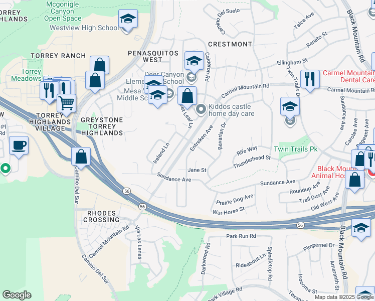 map of restaurants, bars, coffee shops, grocery stores, and more near 13170 Entreken Avenue in San Diego