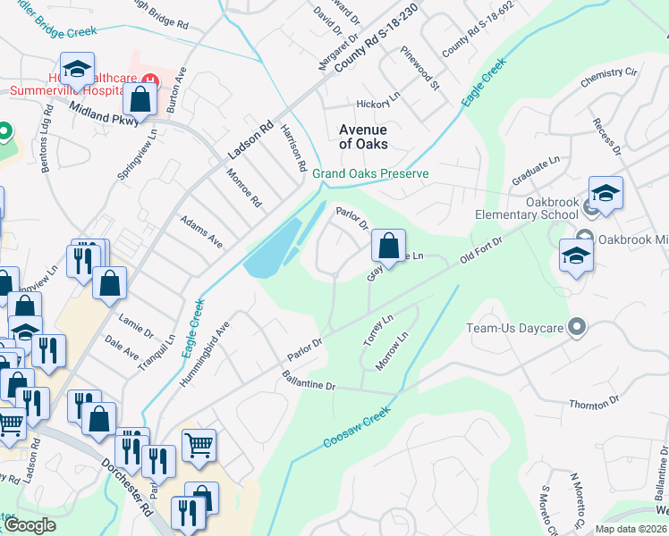 map of restaurants, bars, coffee shops, grocery stores, and more near 9102 Parlor Drive in Ladson