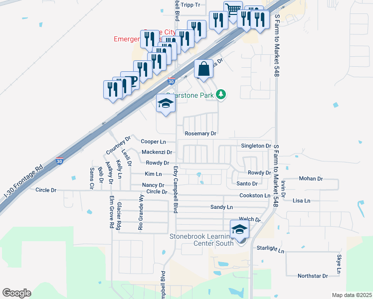 map of restaurants, bars, coffee shops, grocery stores, and more near 1508 Hardy Drive in Royse City