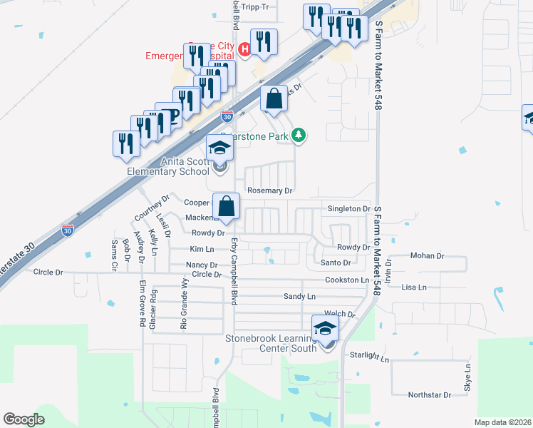 map of restaurants, bars, coffee shops, grocery stores, and more near 1504 Redman Drive in Royse City