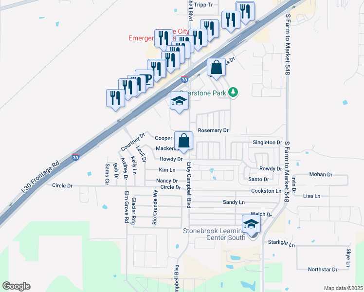 map of restaurants, bars, coffee shops, grocery stores, and more near 708 Mackenzi Drive in Royse City