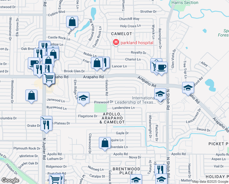 map of restaurants, bars, coffee shops, grocery stores, and more near 2925 Ripplewood Drive in Garland