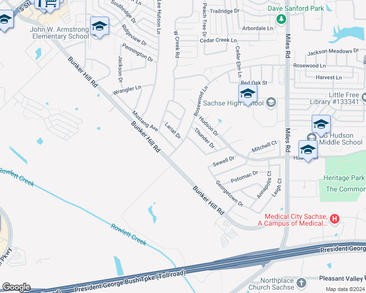 map of restaurants, bars, coffee shops, grocery stores, and more near 3314 Rosewood Lane in Sachse