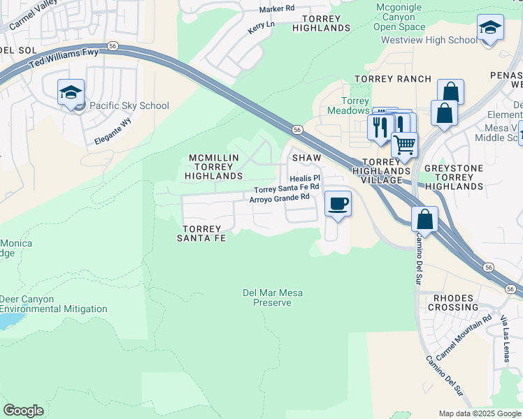 map of restaurants, bars, coffee shops, grocery stores, and more near 7280 Arroyo Grande Road in San Diego