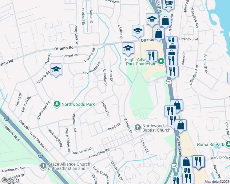 map of restaurants, bars, coffee shops, grocery stores, and more near 8573 Chloe Lane in North Charleston