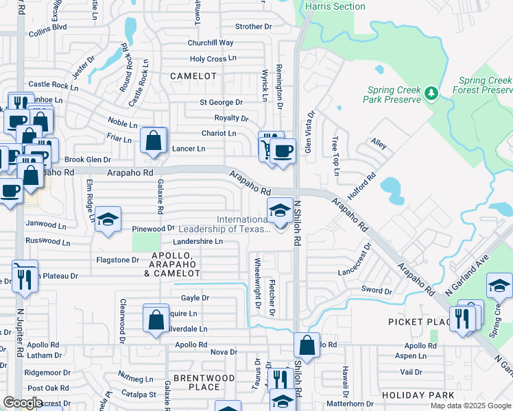 map of restaurants, bars, coffee shops, grocery stores, and more near 2625 Arapaho Road in Garland