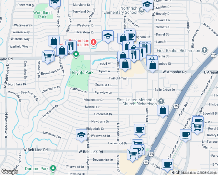 map of restaurants, bars, coffee shops, grocery stores, and more near 611 Twilight Trail in Richardson