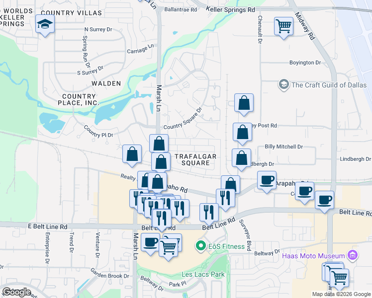 map of restaurants, bars, coffee shops, grocery stores, and more near 3103 Stonehenge Lane in Carrollton