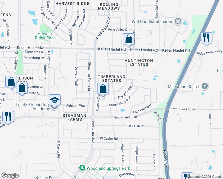 map of restaurants, bars, coffee shops, grocery stores, and more near 12709 Pangolin Court in Fort Worth