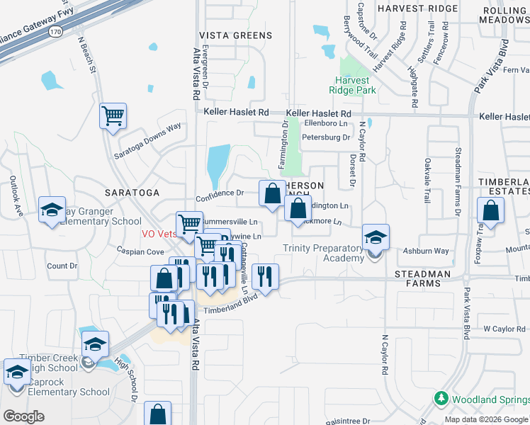 map of restaurants, bars, coffee shops, grocery stores, and more near 3904 Confidence Drive in Fort Worth