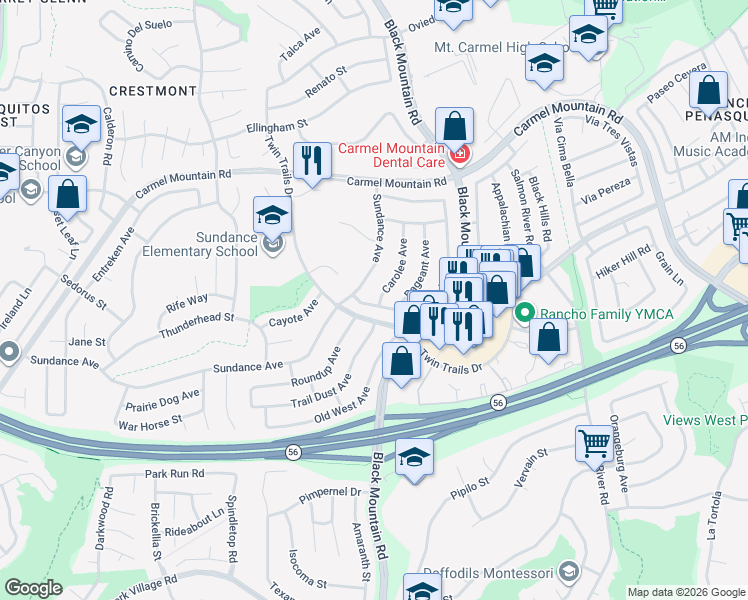 map of restaurants, bars, coffee shops, grocery stores, and more near 13181 Sundance Avenue in San Diego