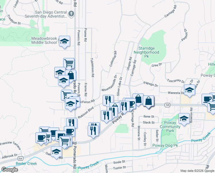 map of restaurants, bars, coffee shops, grocery stores, and more near 13442 Mountainside Drive in Poway