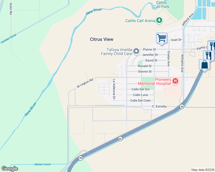 map of restaurants, bars, coffee shops, grocery stores, and more near 337-361 West Legion Road in Brawley