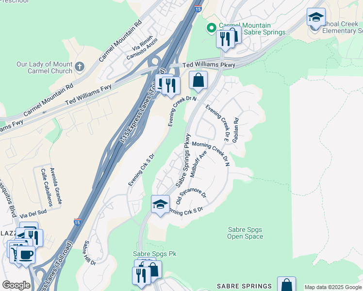 map of restaurants, bars, coffee shops, grocery stores, and more near 13294 Wimberly Square in San Diego