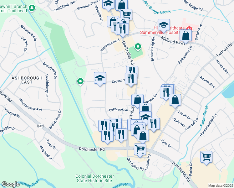 map of restaurants, bars, coffee shops, grocery stores, and more near 300 Springview Lane in Summerville