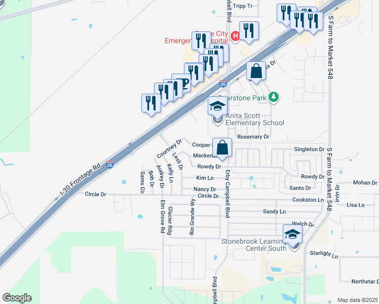 map of restaurants, bars, coffee shops, grocery stores, and more near 908 Cooper Lane in Royse City