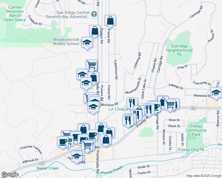 map of restaurants, bars, coffee shops, grocery stores, and more near 13440 Tobiasson Road in Poway