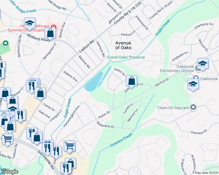 map of restaurants, bars, coffee shops, grocery stores, and more near 9026 Parlor Drive in Ladson
