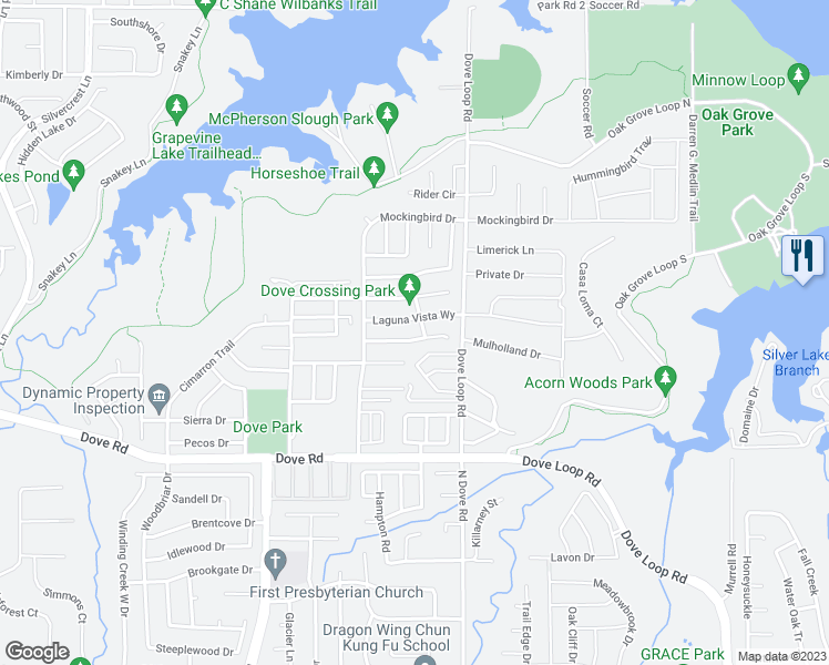 map of restaurants, bars, coffee shops, grocery stores, and more near 1502 Briarcrest Drive in Grapevine