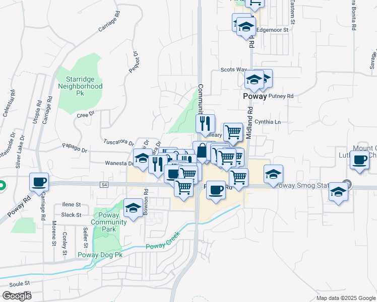 map of restaurants, bars, coffee shops, grocery stores, and more near 13414 Community Road in Poway