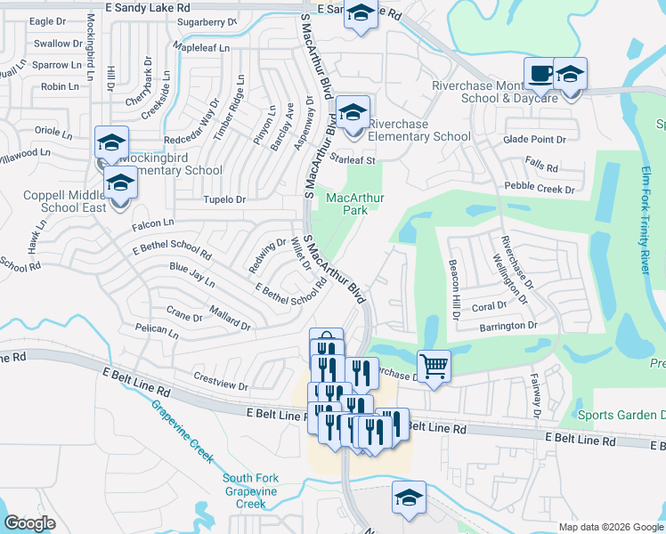 map of restaurants, bars, coffee shops, grocery stores, and more near 1115 Bethel School Court in Coppell
